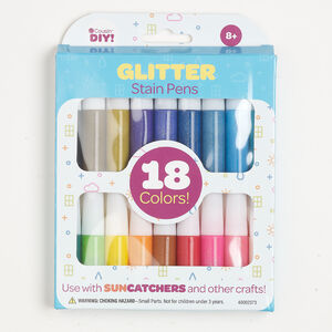 Glitter stain pen assortment 1pkg18, plastic, mixed colors, 3 inches.