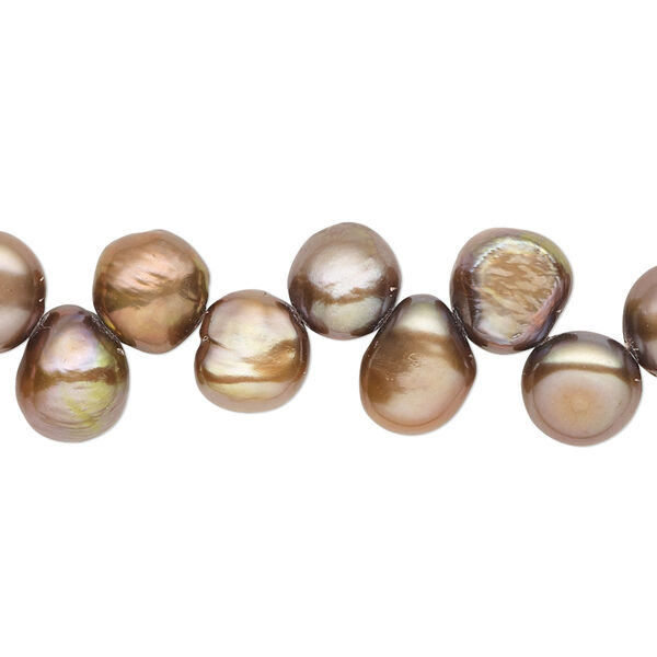 Pearl, cultured freshwater (dyed), copper peacock, 7-9mm top-drilled semi-round with 0.4-0.6mm hole, C- grade, Mohs hardness 2-1/2 to 4. Sold per 14-inch strand. image number 0