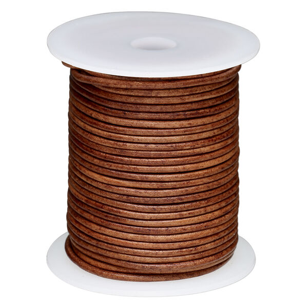 Cord, leather (dyed) 1pkg25yd, antique tan, 2mm round, per spool. image number 0