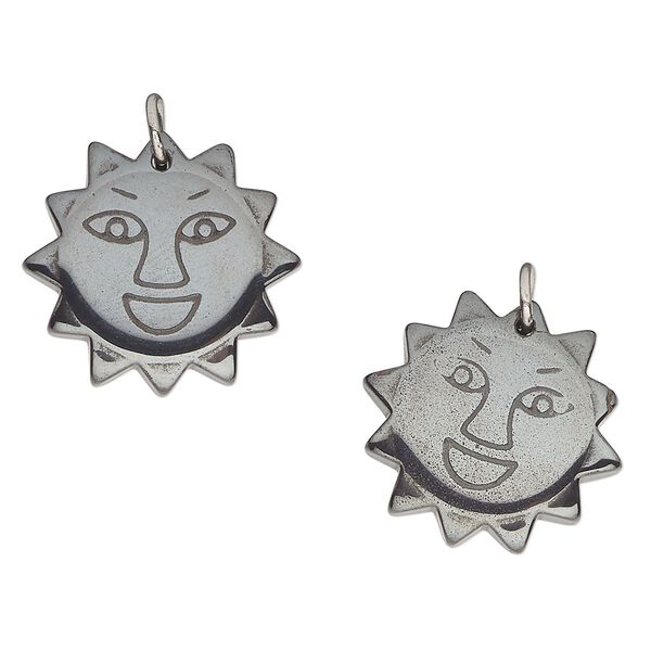 Hemalyke&trade; / "pewter" (zinc-based alloy) 1pkg2, silver-finished 1-sided carved sun drop 23mm image number 0