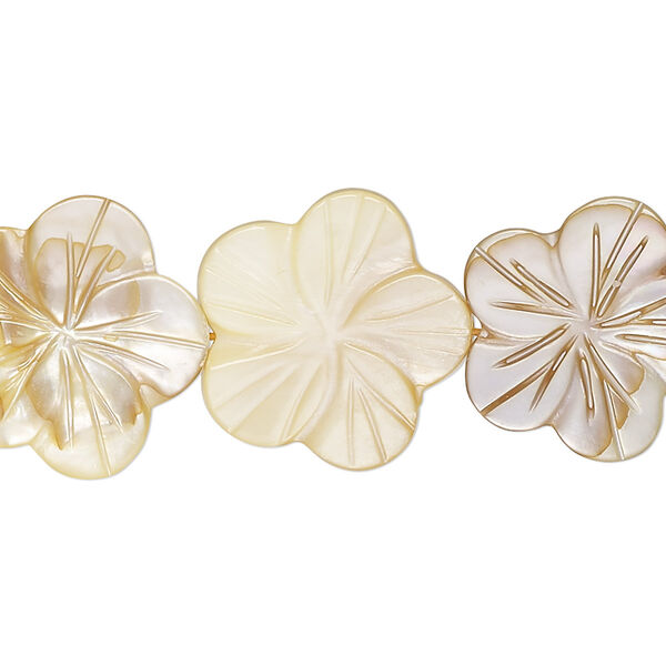 Bead, mother-of-pearl shell (dyed), pale yellow, 18x17mm-22x21mm carved flat flower with 0.6-0.8mm hole, Mohs hardness 3-1/2. Sold per 15-1/2" to 16" strand. image number 0