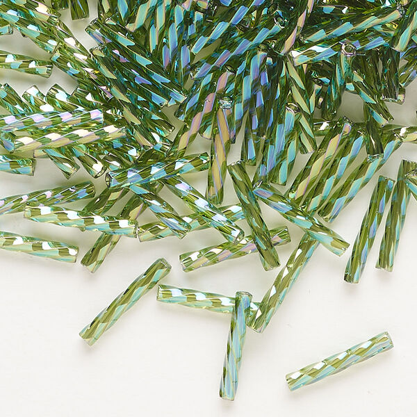 Bugle bead, Dyna-Mites™, glass, translucent rainbow olive green, 12mm twisted. Sold per 1/2 kilogram pkg. image number 0