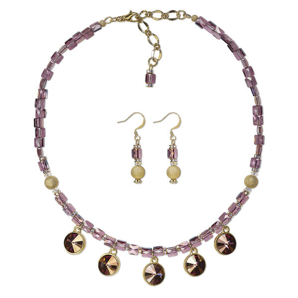 Necklace and earring set, One of a Kind Jewelry, crystal / gold-plated pewter (tin-based alloy) / brass, pink and clear, 16 inches with 2-1/2 inch extender chain and lobster claw clasp, 1-1/2 inches with fishhook ear wire. Only one available. image number 0