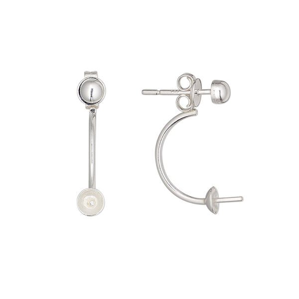 Earstud, sterling silver, 20mm with 4mm half-ball / 4mm cup / 2-4mm peg, fits 6-10mm half-drilled bead. Sold per pair. image number 0