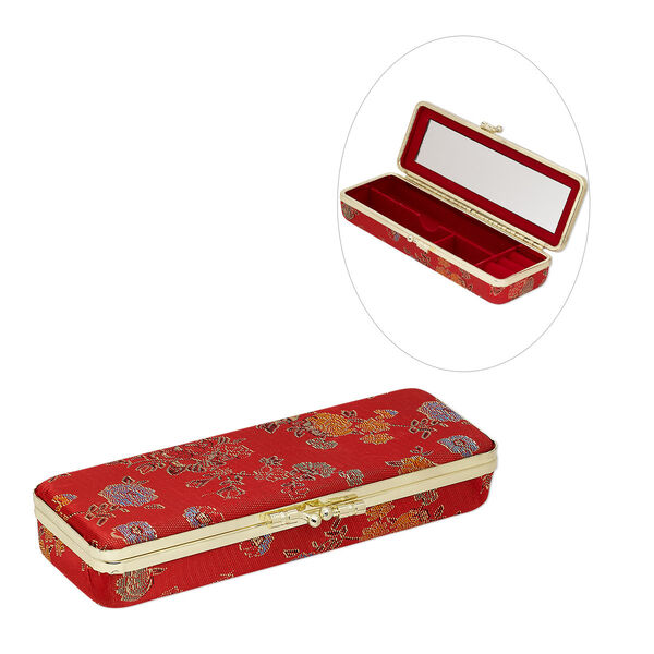 Box, polyester / velveteen / gold-finished steel, red and multicolored, 6-1/2 x 2 x 1-1/2 inch hinged rectangle with floral design and mirror. Sold individually. image number 0