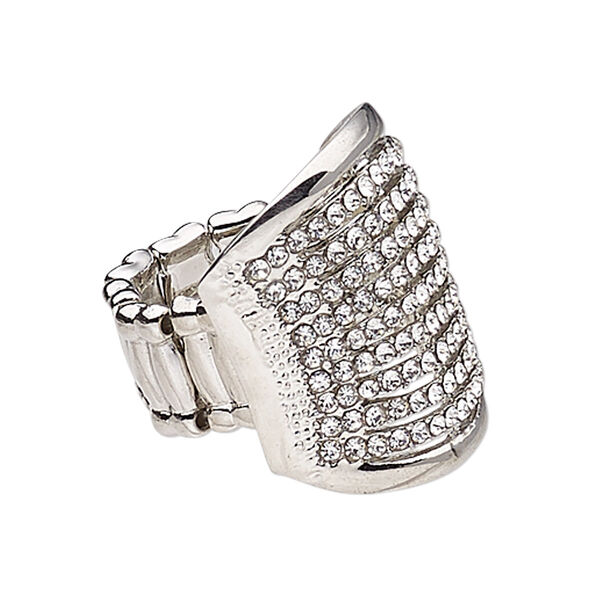 Ring, stretch, glass rhinestone / silver-coated plastic / silver-plated "pewter" (zinc-based alloy), clear, 26.5mm wide with rectangle, size 7-8. Sold individually. image number 0