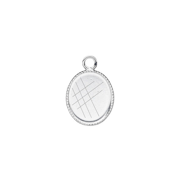 Drop, silver-plated brass, 13x11mm oval with beaded edge and 12x10mm oval bezel cup setting. Sold per pkg of 12. image number 0