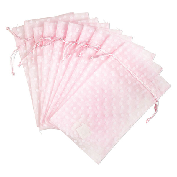 Pouch, flocked organza, pink and white, 10x6 inches with dots pattern and drawstring closure. Sold per pkg of 12. image number 0