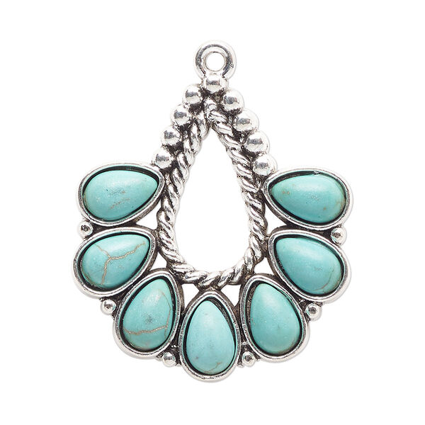 Focal, antique silver-finished "pewter" (zinc-based alloy) and "turquoise" (resin) (imitation), turquoise blue, 32x29mm single-sided open teardrop with rope edge. Sold per pkg of 4. image number 0