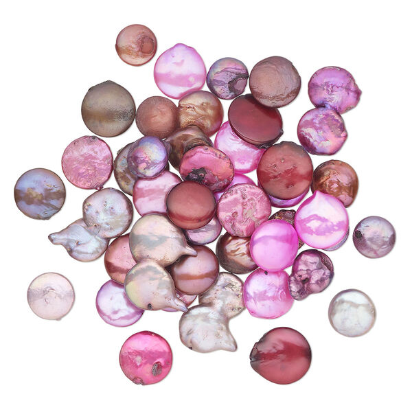 Pearl, cultured freshwater pearl (dyed), mixed colors, 11-16mm flat round, Mohs hardness 2-1/2 to 4. Sold per 2-ounce pkg, approximately 42 beads. image number 0