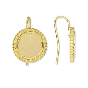 Ear wire fishhook 1pkg10 Almost Instant Jewelry®, 24mm / 12mm beaded flat back round glue-in setting, 18 gauge gold-finished brass 5 pair