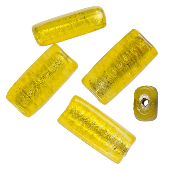 Bead, lampworked glass, opaque yellow, 24x12mm-23x11mm flat tube with silver-colored foil. Sold per pkg of 4. image number 0