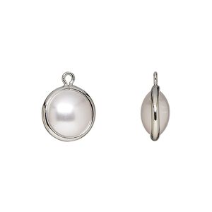Drop, acrylic pearl and imitation rhodium-finished brass, opaque cream, 11.5mm double-sided round. Sold per pkg of 10.
