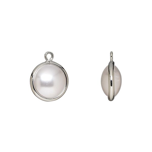 Drop, acrylic pearl and imitation rhodium-finished brass, opaque cream, 11.5mm double-sided round. Sold per pkg of 10. image number 0
