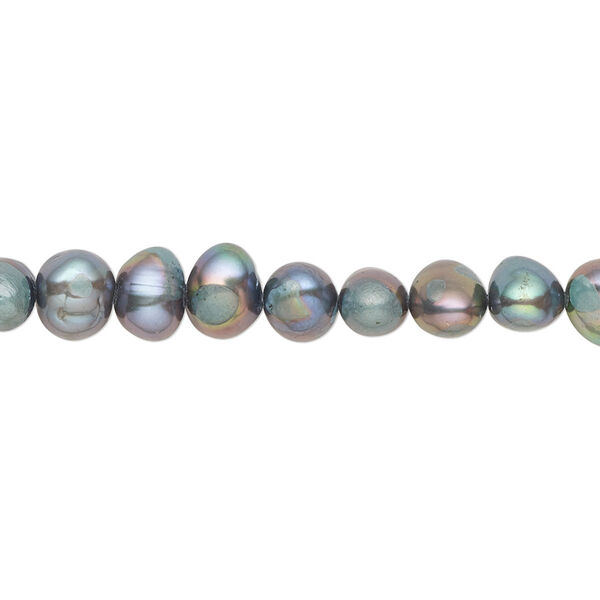 Pearl, cultured freshwater (dyed), iris blue, 6-7mm flat-sided potato with 0.4-0.6mm hole, C- grade, Mohs hardness 2-1/2 to 4. Sold per 15-inch strand. image number 0