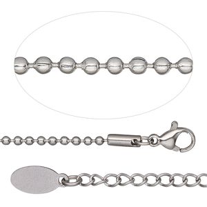 Chain 1pkg1 ball, 2mm / lobster claw clasp, stainless steel 18 inch
