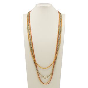 Necklace, glass and gold-finished steel, light orange and dark orange, 42 inches with 2-inch extender chain and lobster claw clasp. Sold individually.