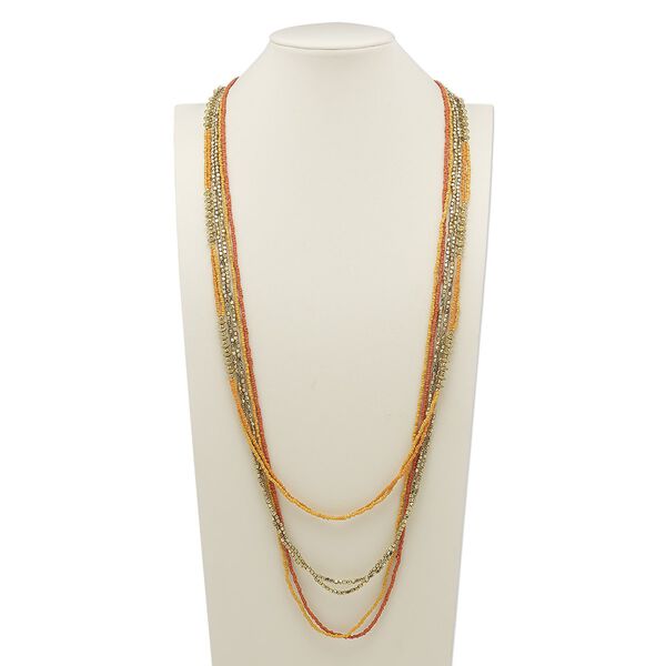 Necklace, glass and gold-finished steel, light orange and dark orange, 42 inches with 2-inch extender chain and lobster claw clasp. Sold individually. image number 0