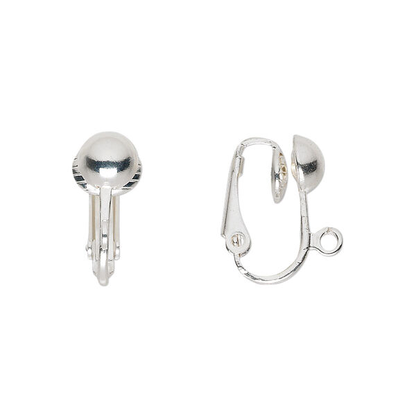 Earring, clip-on, silver-plated steel, 16mm hinged with 6.5mm half ball and open loop. Sold per pkg of 50 pairs. image number 0