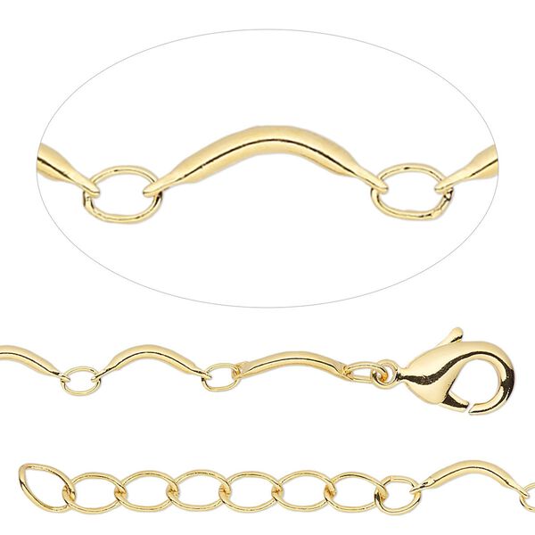 Chain, gold-finished brass, 0.5mm curved bar and link, 36 inches with lobster claw clasp and 1-1/4 inch extender chain. Sold individually. image number 0