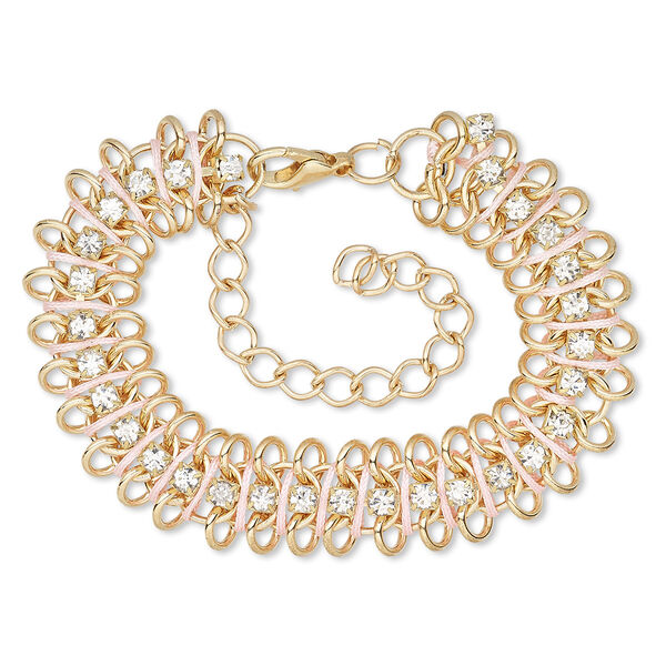Bracelet, glass rhinestone / nylon / gold-finished brass / steel / "pewter" (zinc-based alloy), light pink and clear, 15mm wide, 6 inches with 3-inch extender chain and lobster claw clasp. Sold individually. image number 0