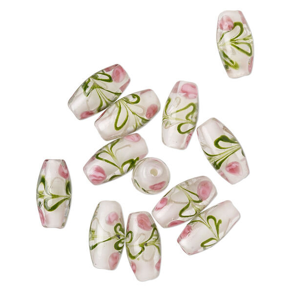 Bead, lampworked glass, transparent pink / green / opaque white, 18x8mm double cone with flower and leaves design. Sold per pkg of 12. image number 0