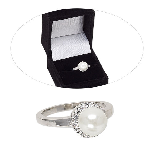 Ring, acrylic pearl / cubic zirconia / rhodium-finished brass, white and clear, 10mm round, size 8. Sold individually. image number 0