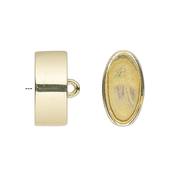 Cord end, glue-in, gold-finished "pewter" (zinc-based alloy), 18.5x10.5mm oval, 16.5x8.5mm inside diameter. Sold per pkg of 2. image number 0