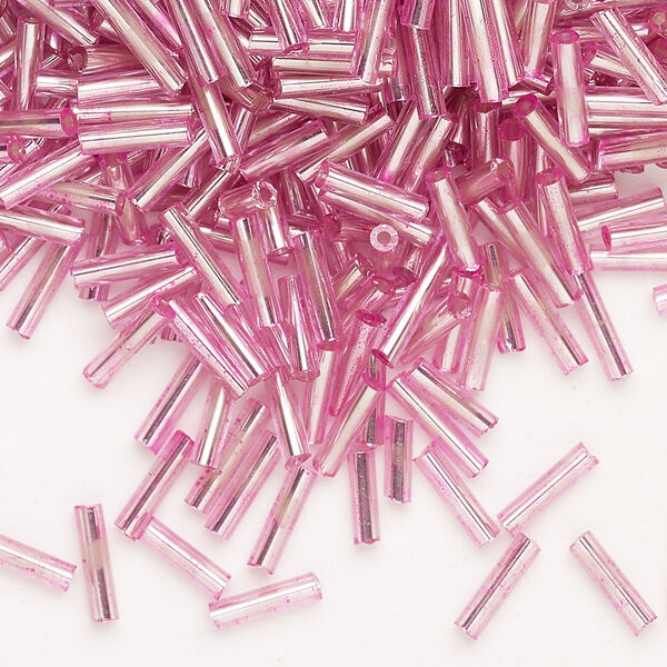 Bead, Ming Tree™, bugle bead, glass, pkg/1/4 pound, 1/4 inch, silver-lined dyed color translucent pink. image number 0