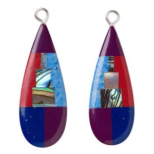 Drop, paua shelll (assembled) / resin / silver-finished copper, multicolored, 28x11mm single-sided right- and left-facing flat teardrop. Sold per pkg of 2.