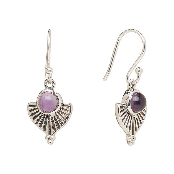 Earring, Create Compliments®, antiqued sterling silver and amethyst (natural), fishhook, 28mm with 14x11.5mm single-sided fan, 21 gauge. Sold per pair. image number 0