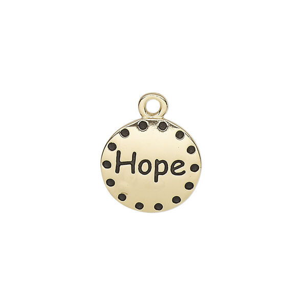 Drop, enamel and gold-finished "pewter" (zinc-based alloy), black, 14.5mm single-sided round with "Hope." Sold individually. image number 0