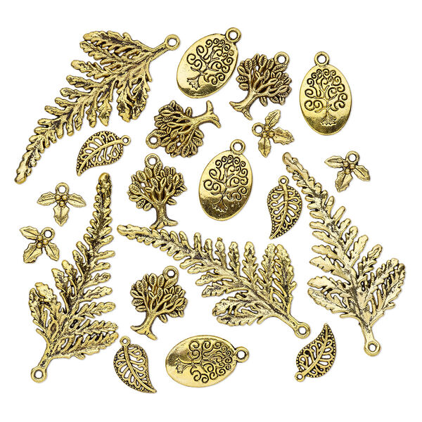 Focal and charm, antique gold-finished "pewter" (zinc-based alloy), 14x10mm-59x29mm single- and double-sided assorted leaf and tree. Sold per pkg of 20. image number 0