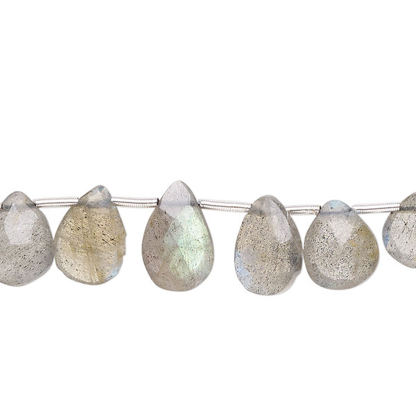 Bead, labradorite (natural), 7x5mm-11x7mm graduated hand-cut top-drilled faceted puffed teardrop, B- grade, Mohs hardness 6 to 6-1/2. Sold per 4-inch strand, approximately 10 beads. image number 0