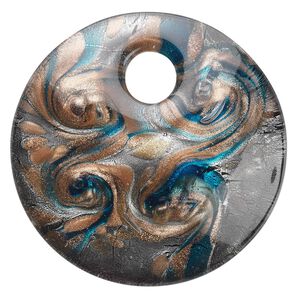 Focal, lampworked glass, blue with silver-colored foil and copper-colored glitter, 50mm single-sided round. Sold individually.