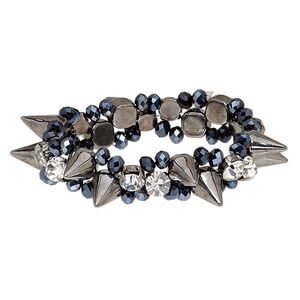 Bracelet, stretch, glass / glass rhinestone / gunmetal-coated plastic / gunmetal-finished steel, clear and metallic black, 16mm wide with spikes, 7 inches. Sold individually.