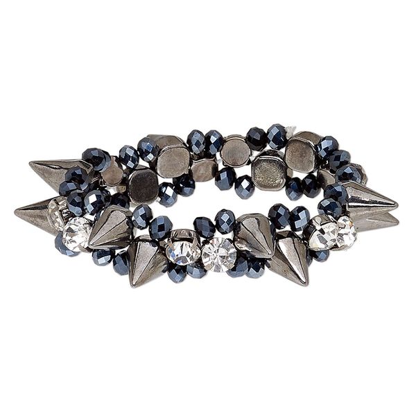 Bracelet, stretch, glass / glass rhinestone / gunmetal-coated plastic / gunmetal-finished steel, clear and metallic black, 16mm wide with spikes, 7 inches. Sold individually. image number 0