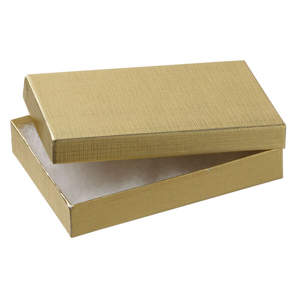 Box 1pkg4, paper and "cotton" filled, gold, 5-1/4 x 3-3/4 x 7/8 inches rectangle image number 1