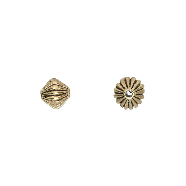 Bead, antique gold-finished "pewter" (zinc-based alloy), 7x7mm corrugated bicone. Sold per pkg of 20. image number 0