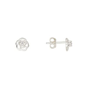 Earstud sterling silver / cubic zirconia 1pkg2, 7mm rose / earnuts included, Create Compliments® clear 1 pair