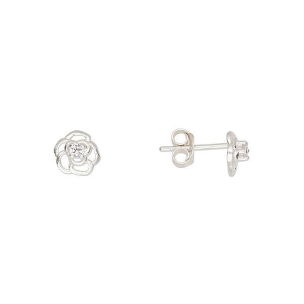 Earstud sterling silver / cubic zirconia 1pkg2, 7mm rose / earnuts included, Create Compliments® clear 1 pair image number 0