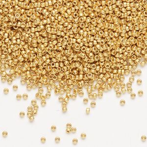 Seed bead, Miyuki, glass, pkg/4g, #15 rocaille, opaque 24Kt gold-plated matte (RR-191F).