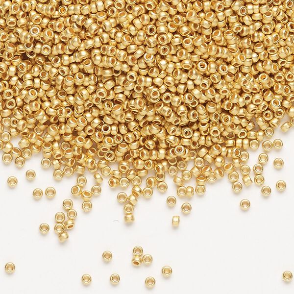 Seed bead, Miyuki, glass, pkg/4g, #15 rocaille, opaque 24Kt gold-plated matte (RR-191F). image number 0