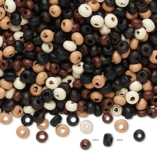 Bead mix, wood, mixed colors, 3x2mm rondelle. Sold per 90-gram pkg, approximately 9,000 beads. image number 0