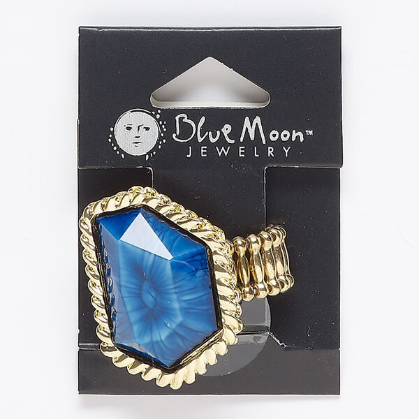 Ring, stretch, acrylic and gold-finished "pewter" (zinc-based alloy), blue, 34x25mm freeform with twisted edge. Sold individually. image number 0