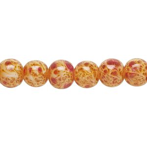Bead, glass, opaque orange and red, 7-8mm round with random spotted pattern. Sold per 15-1/2" to 16" strand.