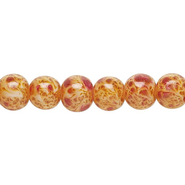 Bead, glass, opaque orange and red, 7-8mm round with random spotted pattern. Sold per 15-1/2" to 16" strand. image number 0