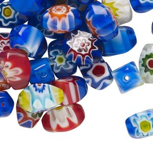 Bead mix, millefiori glass, translucent and transparent multicolored, 11x7mm-12x8mm 6-sided twisted oval. Sold per 2-ounce pkg, approximately 50 beads.