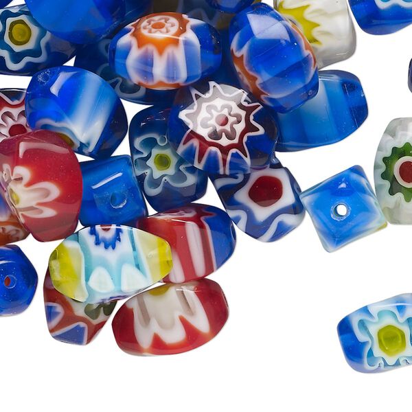 Bead mix, millefiori glass, translucent and transparent multicolored, 11x7mm-12x8mm 6-sided twisted oval. Sold per 2-ounce pkg, approximately 50 beads. image number 0