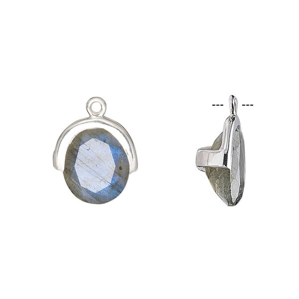 Drop, labradorite (natural) and sterling silver, 13x12.5mm single-sided faceted oval. Sold individually. image number 0